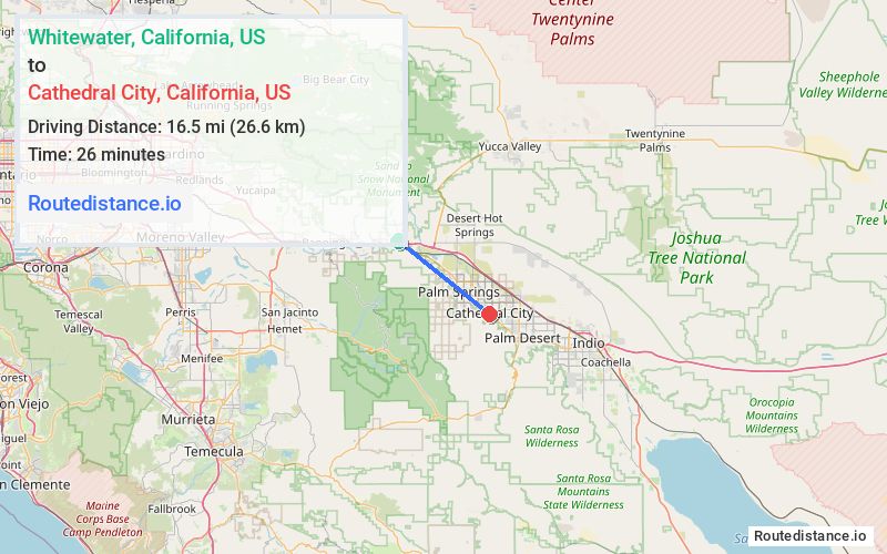 Route map from Whitewater to Cathedral City