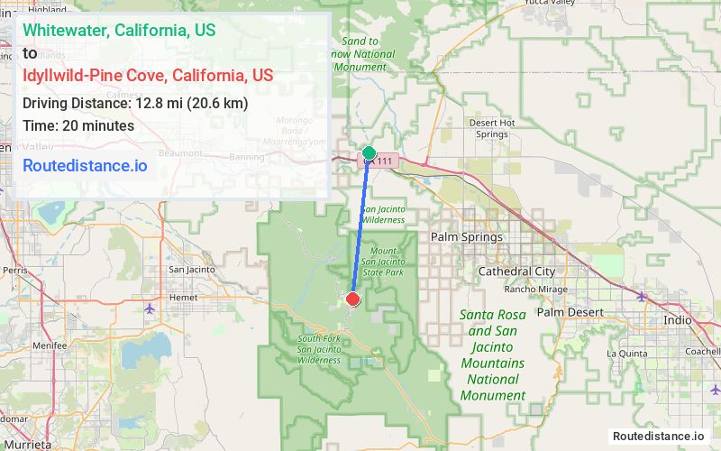 Route map from Whitewater to Idyllwild-Pine Cove