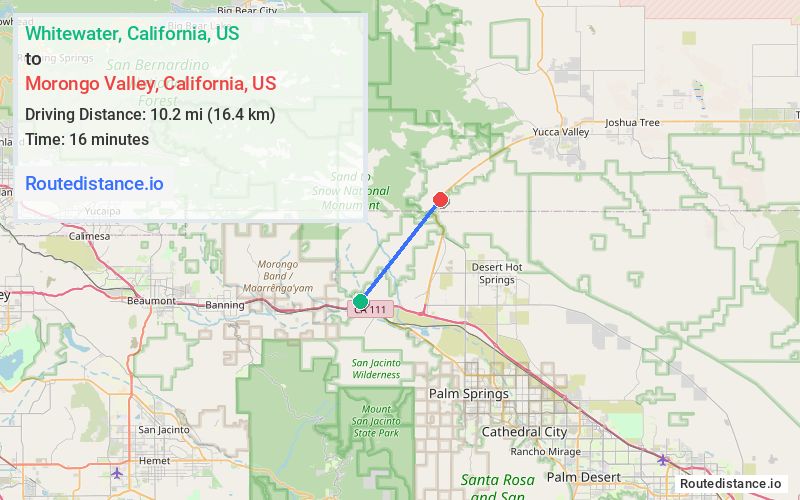 Route map from Whitewater to Morongo Valley