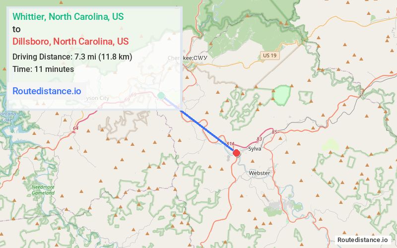 Route map from Whittier to Dillsboro