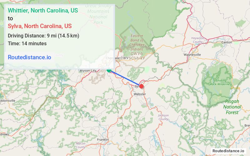 Route map from Whittier to Sylva