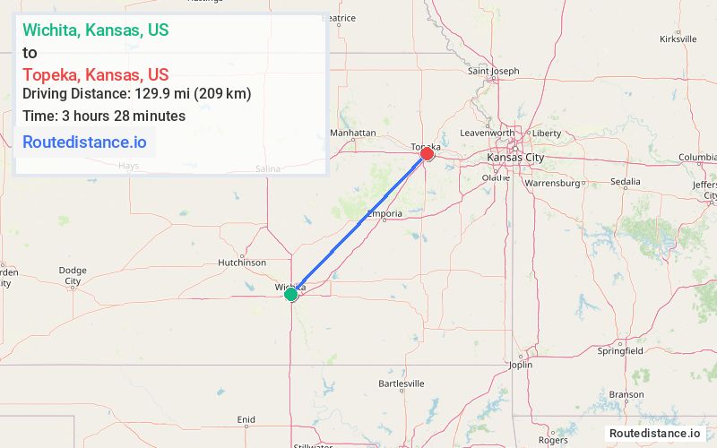 Route map from Wichita to Topeka