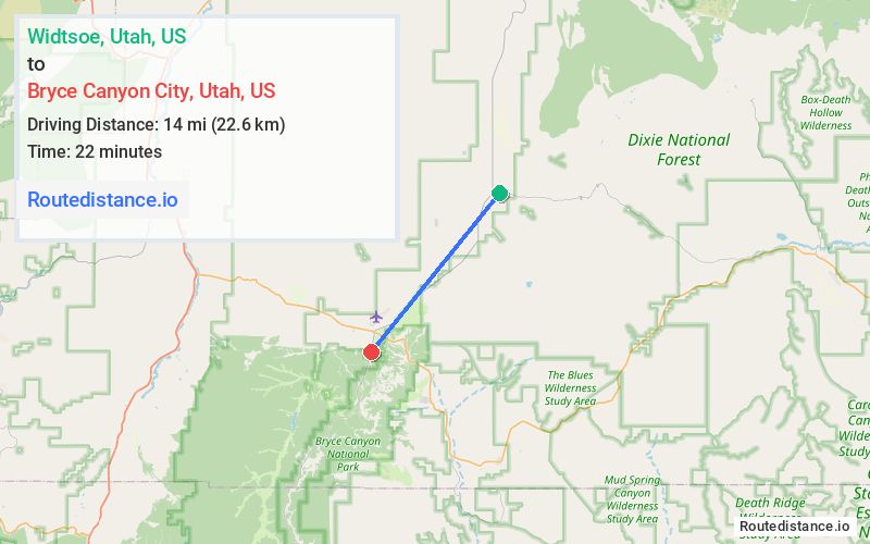 Distance from Widtsoe to Bryce Canyon City