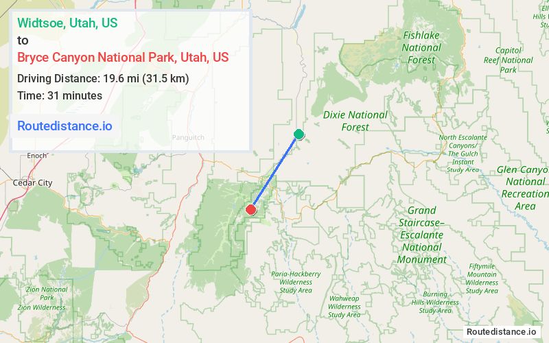 Route map from Widtsoe to Bryce Canyon National Park