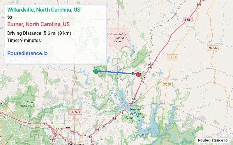 Route map from Willardville to Butner