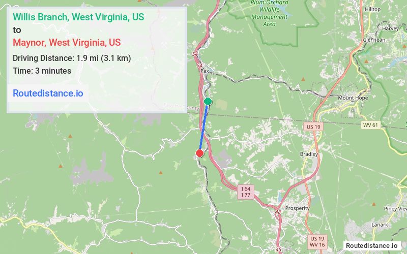 Route map from Willis Branch to Maynor