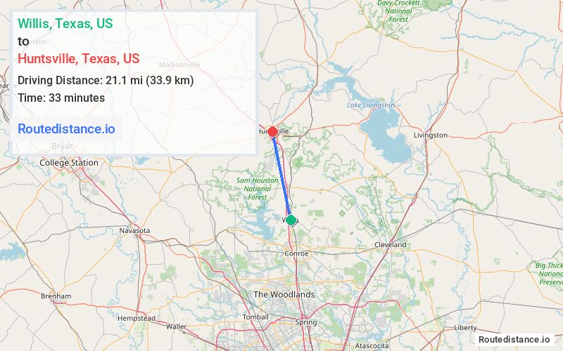 Route map from Willis to Huntsville