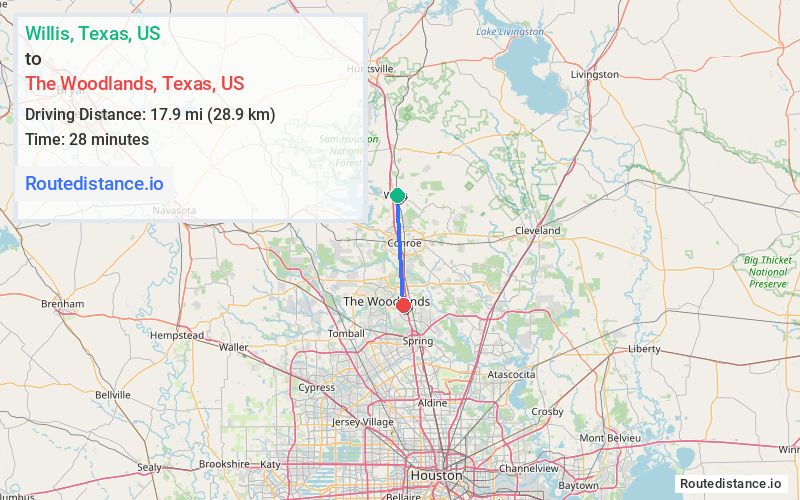 Route map from Willis to The Woodlands