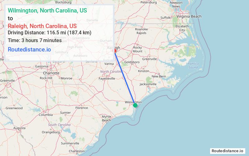Route map from Wilmington to Raleigh