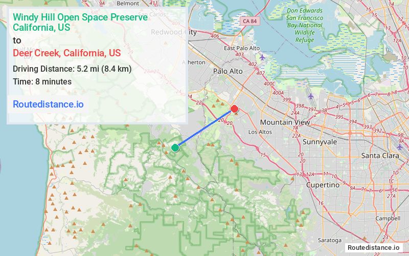 Route map from Windy Hill Open Space Preserve to Deer Creek