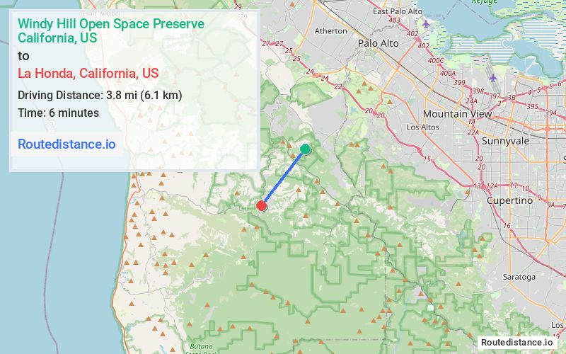 Route map from Windy Hill Open Space Preserve to La Honda