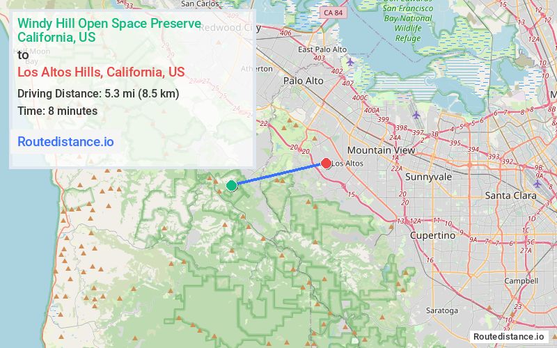 Route map from Windy Hill Open Space Preserve to Los Altos Hills