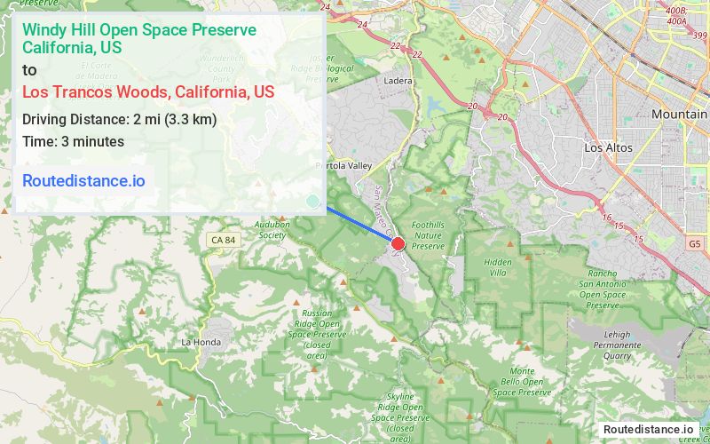 Route map from Windy Hill Open Space Preserve to Los Trancos Woods