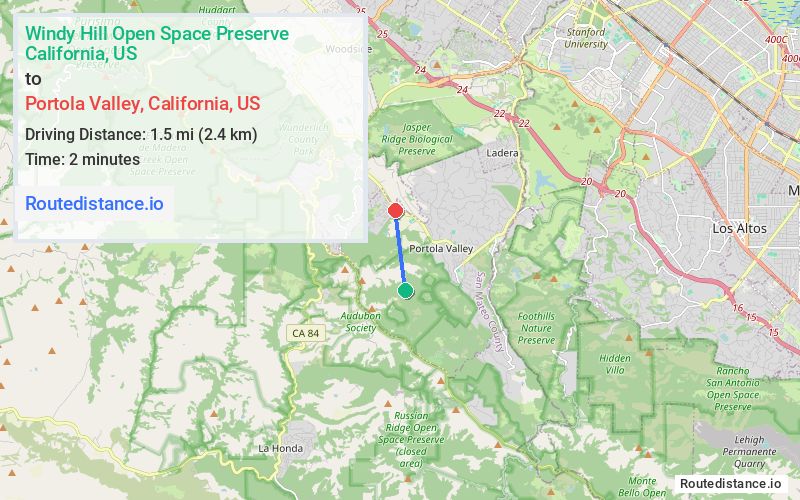 Route map from Windy Hill Open Space Preserve to Portola Valley