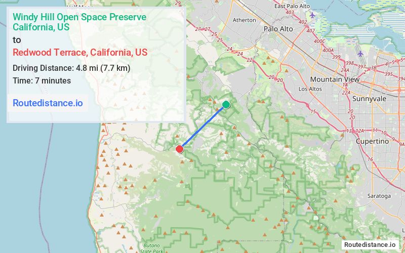 Route map from Windy Hill Open Space Preserve to Redwood Terrace