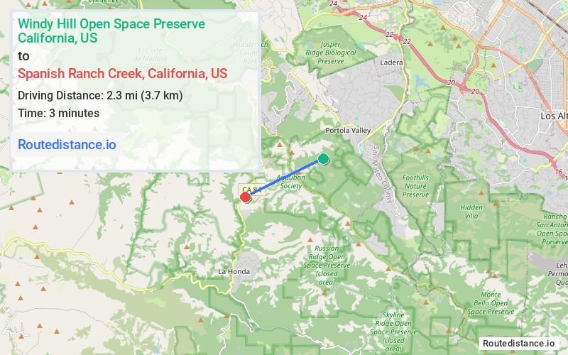 Route map from Windy Hill Open Space Preserve to Spanish Ranch Creek