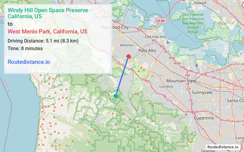 Route map from Windy Hill Open Space Preserve to West Menlo Park
