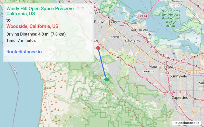 Route map from Windy Hill Open Space Preserve to Woodside
