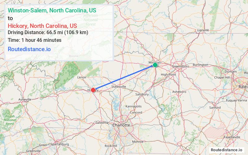Route map from Winston-Salem to Hickory