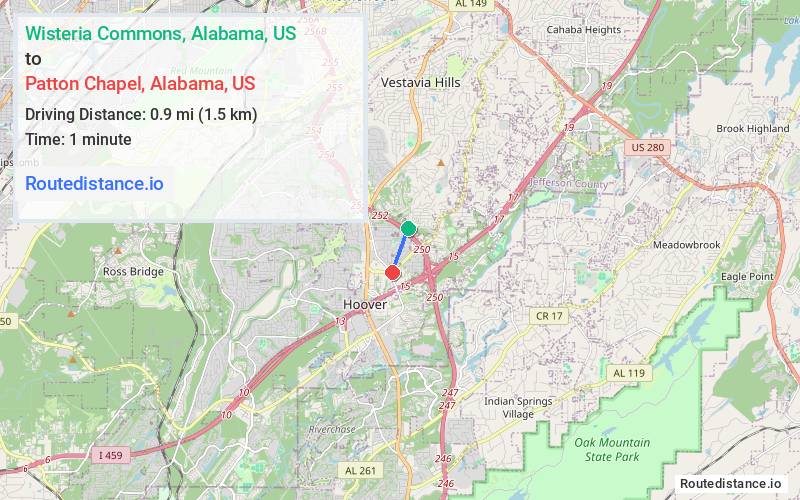 Route map from Wisteria Commons to Patton Chapel