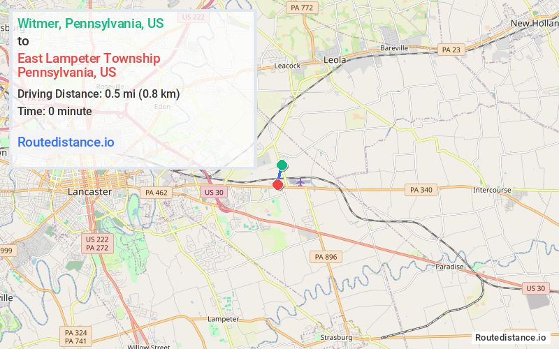 Route map from Witmer to East Lampeter Township