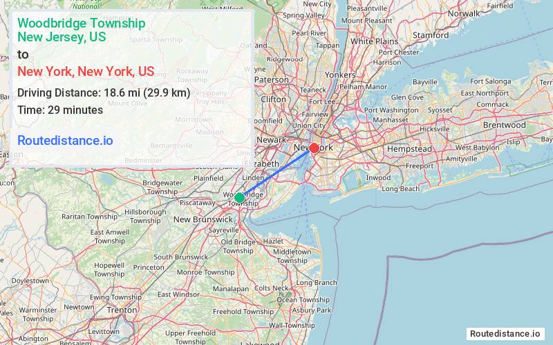 Route map from Woodbridge Township to New York