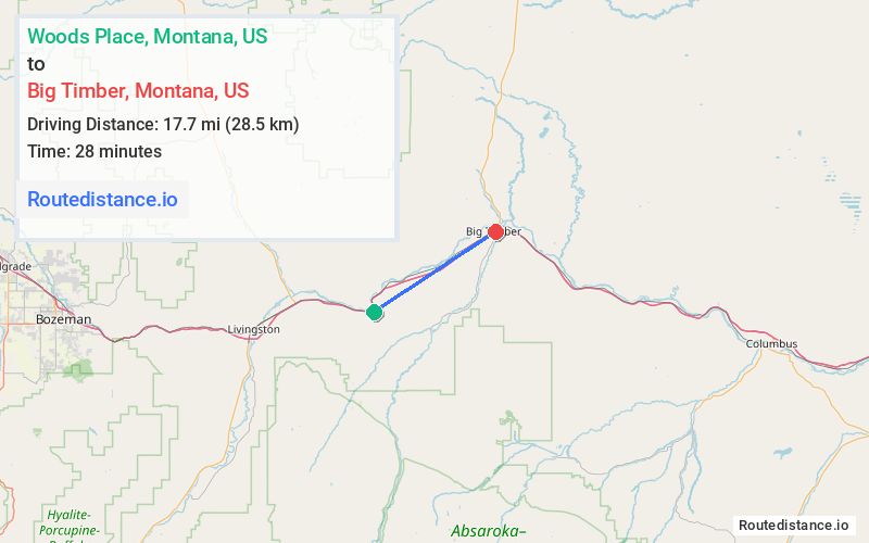 Route map from Woods Place to Big Timber
