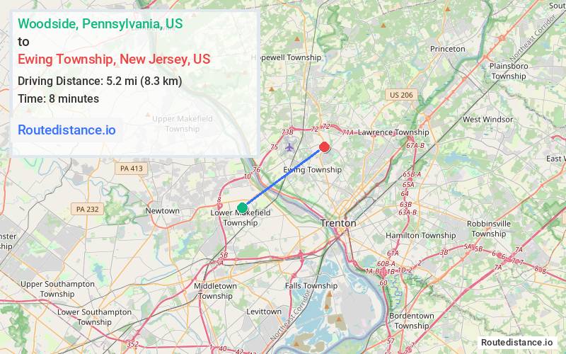 Route map from Woodside to Ewing Township