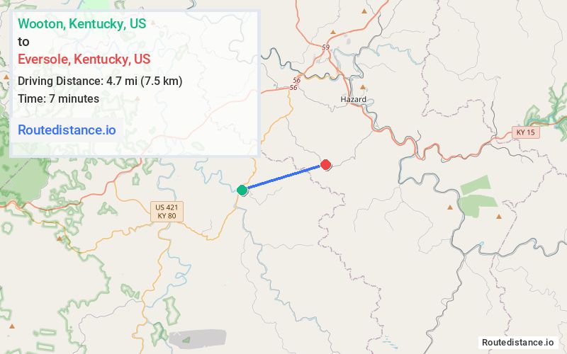 Route map from Wooton to Eversole
