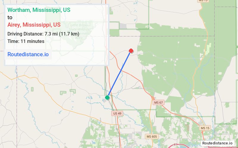 Route map from Wortham to Airey