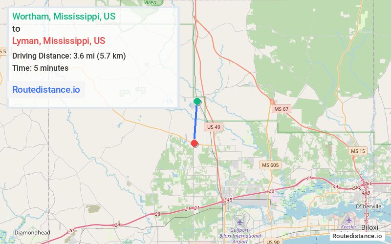 Route map from Wortham to Lyman