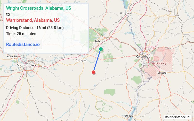 Route map from Wright Crossroads to Warriorstand