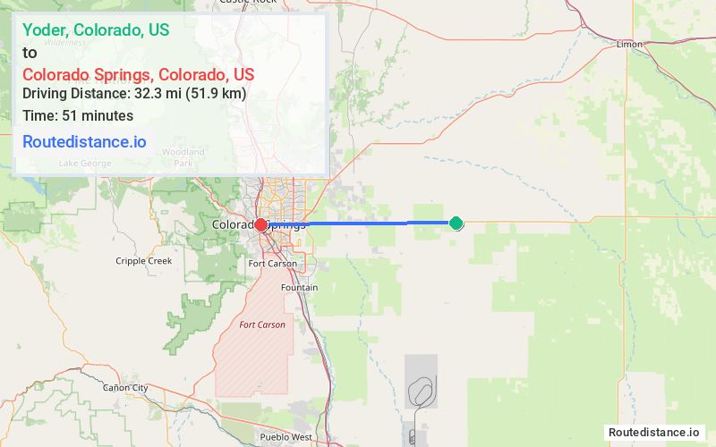 Route map from Yoder to Colorado Springs