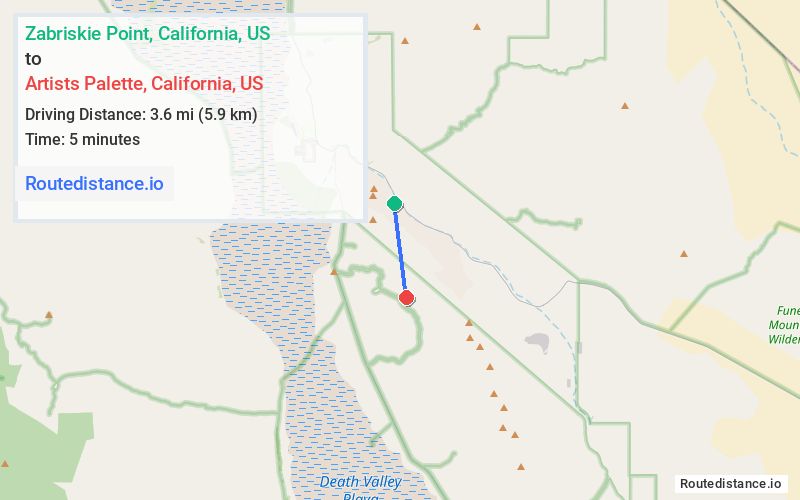 Route map from Zabriskie Point to Artists Palette