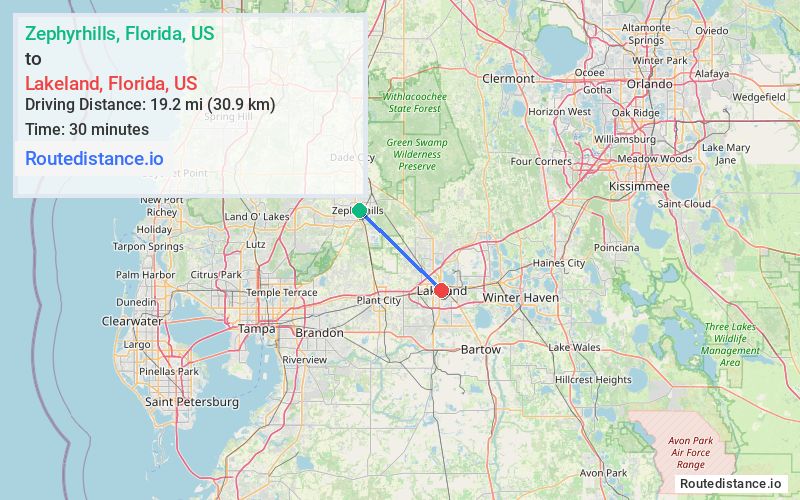 Route map from Zephyrhills to Lakeland