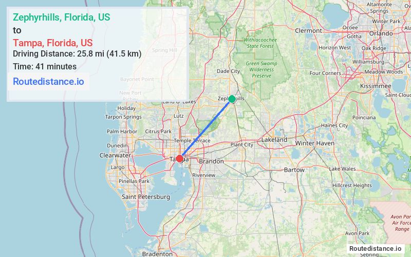 Route map from Zephyrhills to Tampa