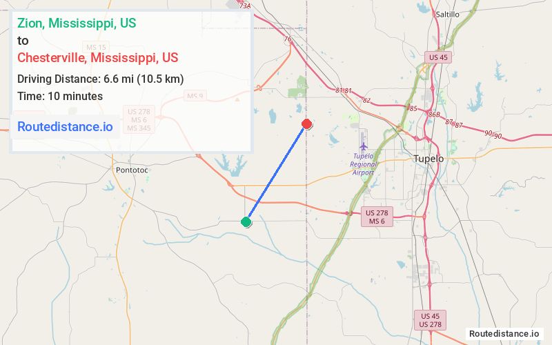 Distance from Zion to Chesterville
