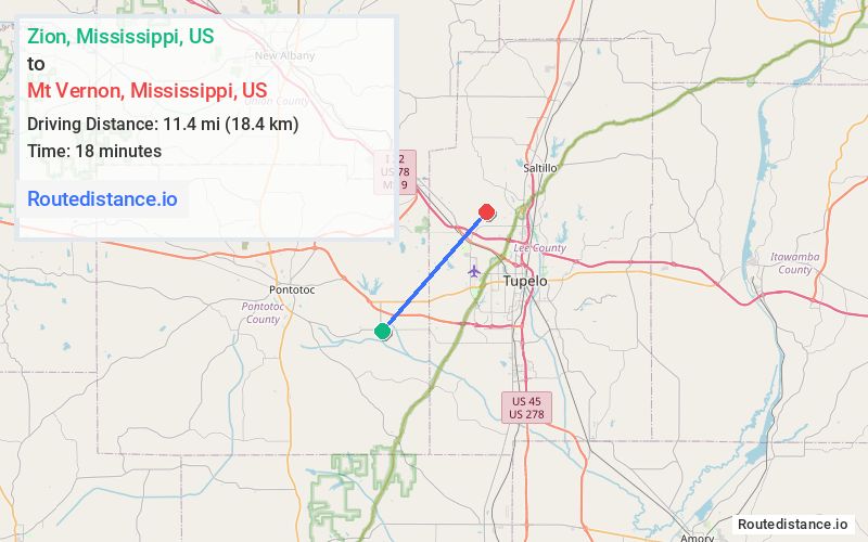 Route map from Zion to Mt Vernon