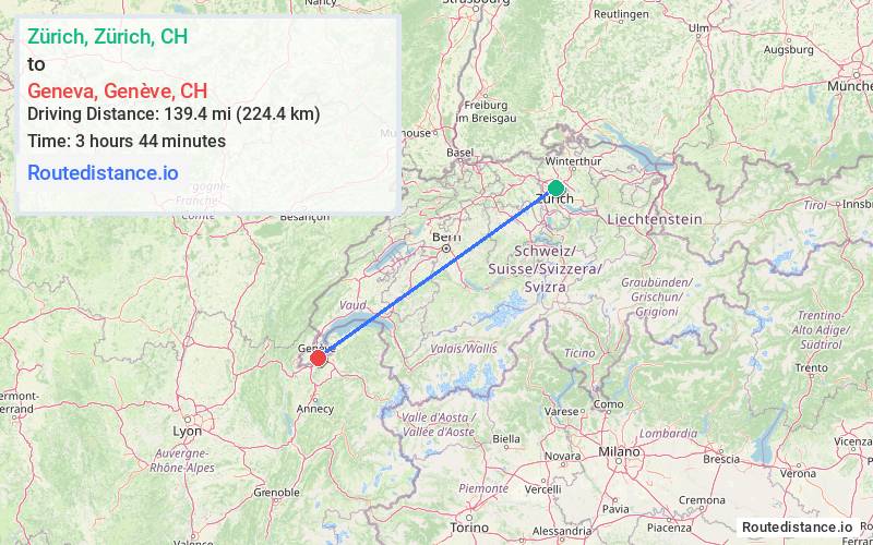 Route map from Zürich to Geneva